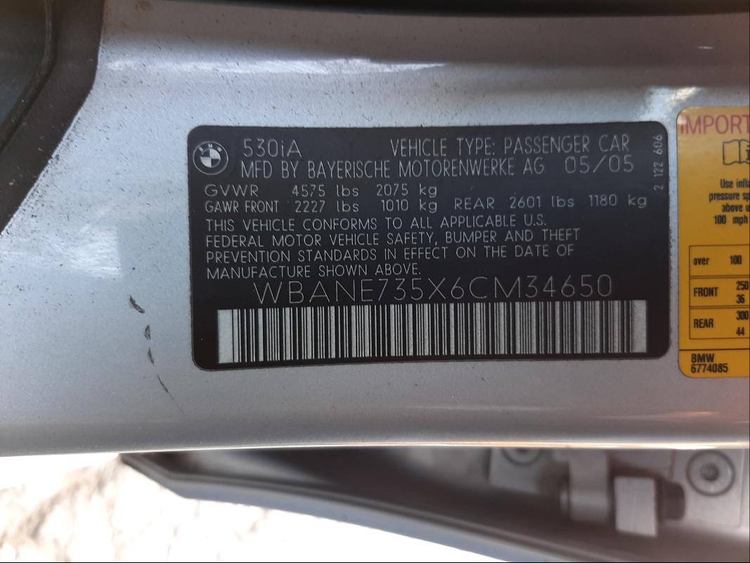 Photo 10 from auction – 2006 BMW 530 I with VIN WBANE735X6CM34650