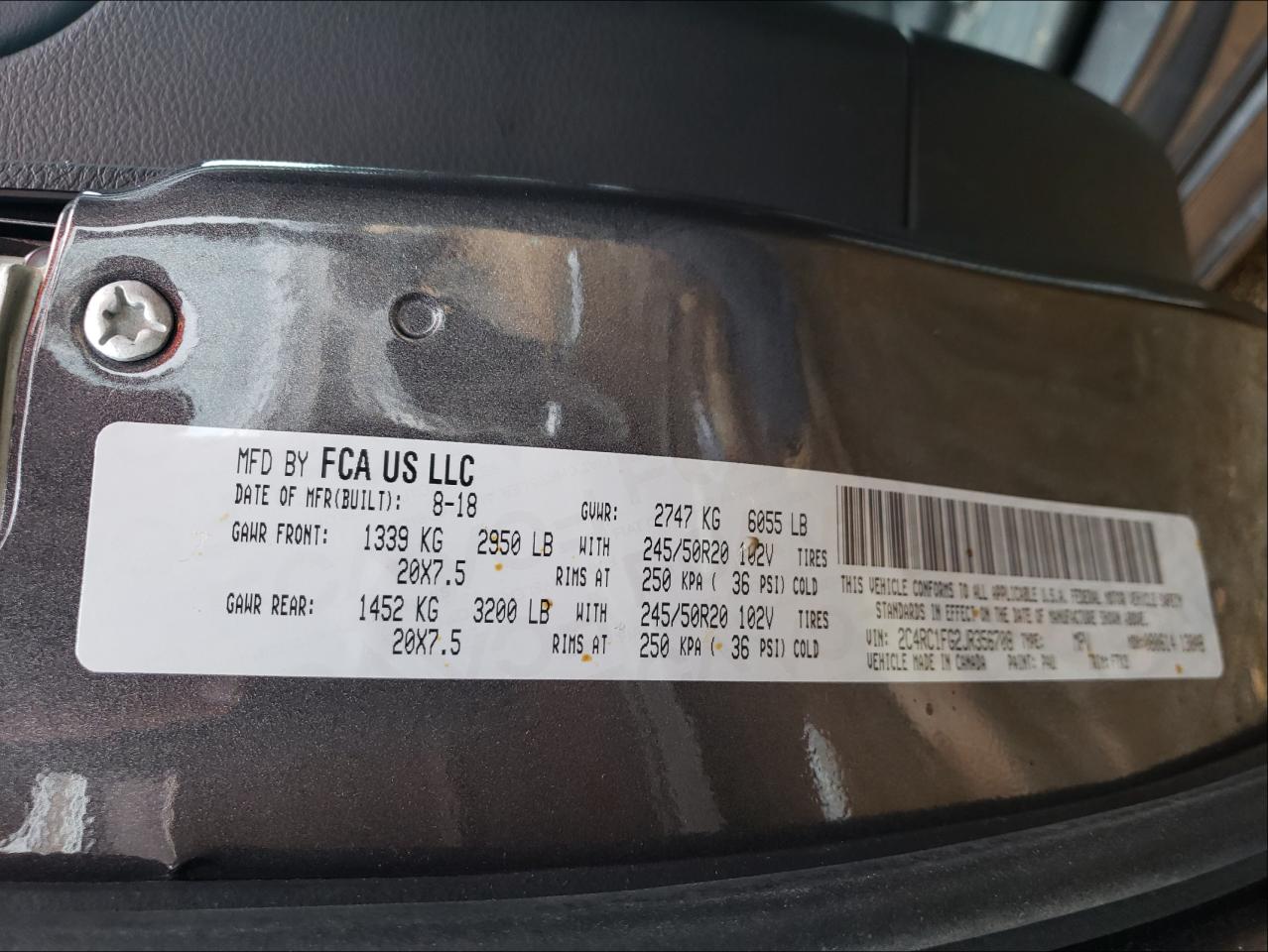 Photo 10 from auction – 2018 CHRYSLER PACIFICA T with VIN 2C4RC1FG2JR356708
