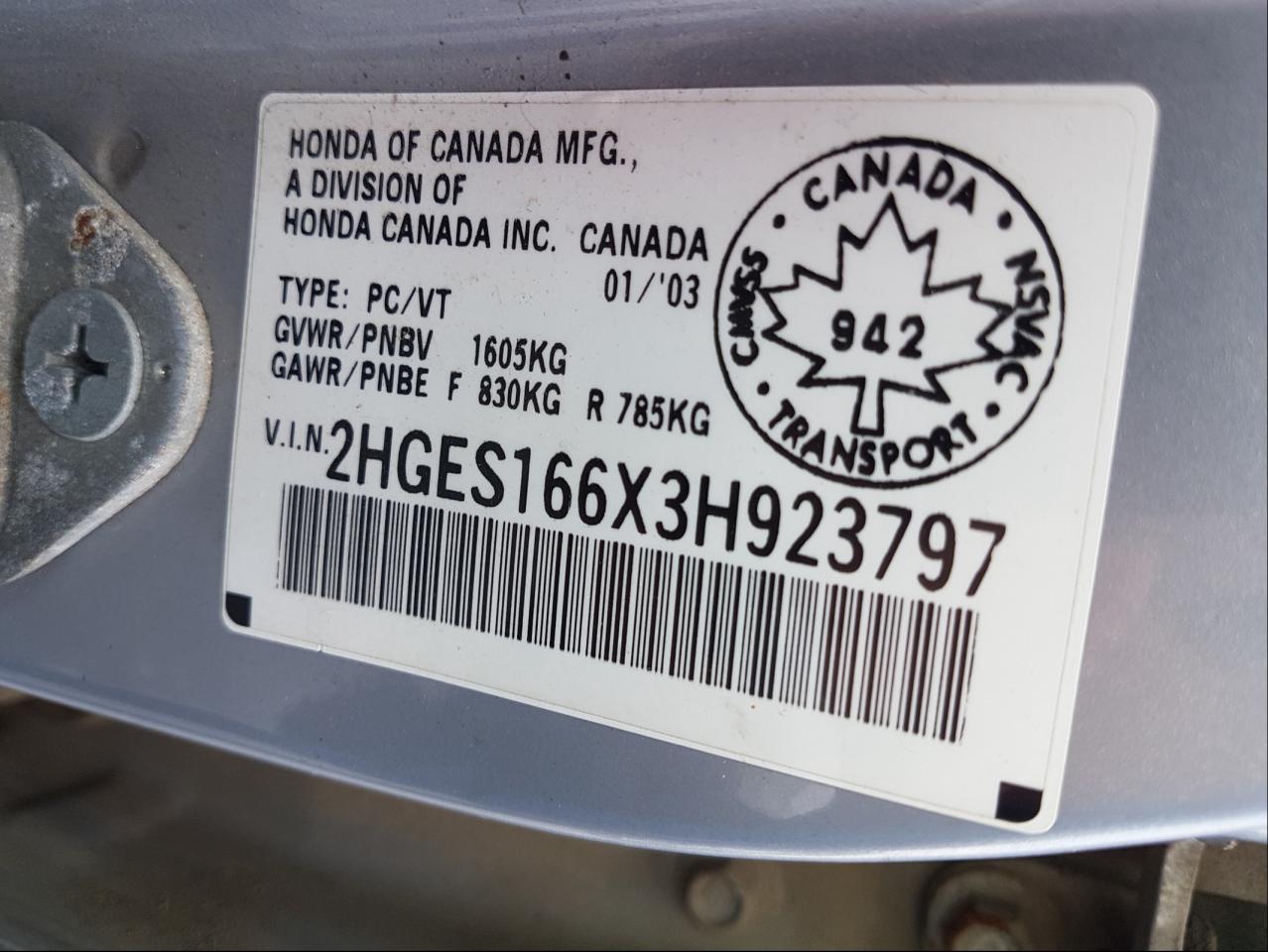 Photo 10 from auction – 2003 HONDA CIVIC LX with VIN 2HGES166X3H923797