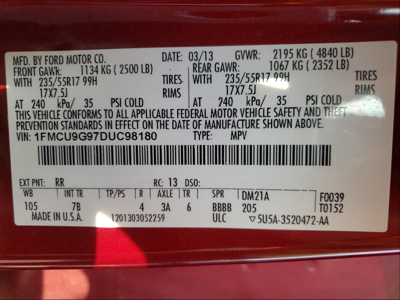 Photo 10 from auction – 2013 FORD ESCAPE SE with VIN 1FMCU9G97DUC98180