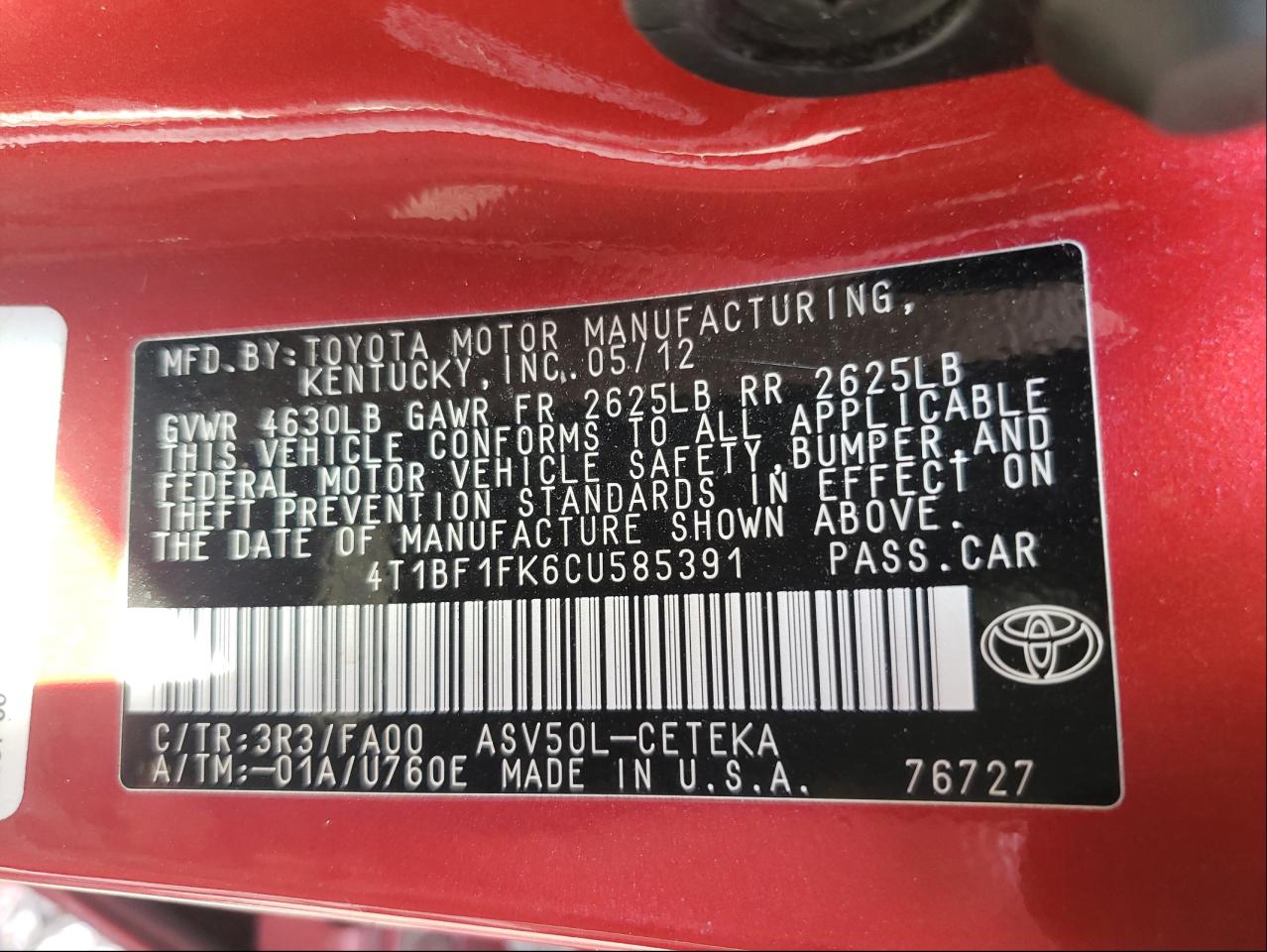 Photo 10 from auction – 2012 TOYOTA CAMRY BASE with VIN 4T1BF1FK6CU585391