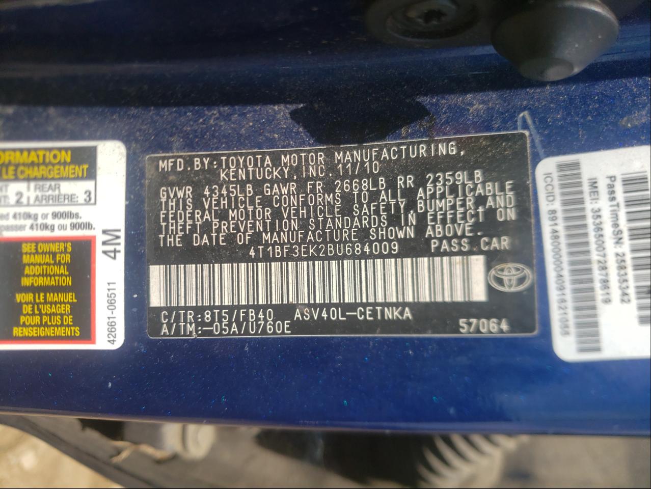 Zdjęcie 10 z aukcji – 2011 TOYOTA CAMRY BASE z VIN 4T1BF3EK2BU684009