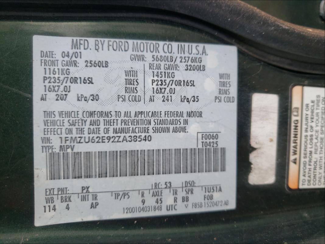 Photo 10 from auction – 2002 FORD EXPLORER with VIN 1FMZU62E92ZA38540