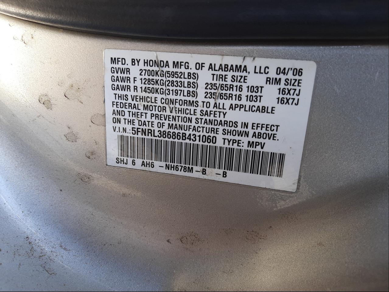 Photo 10 from auction – 2006 HONDA ODYSSEY EX with VIN 5FNRL38686B431060