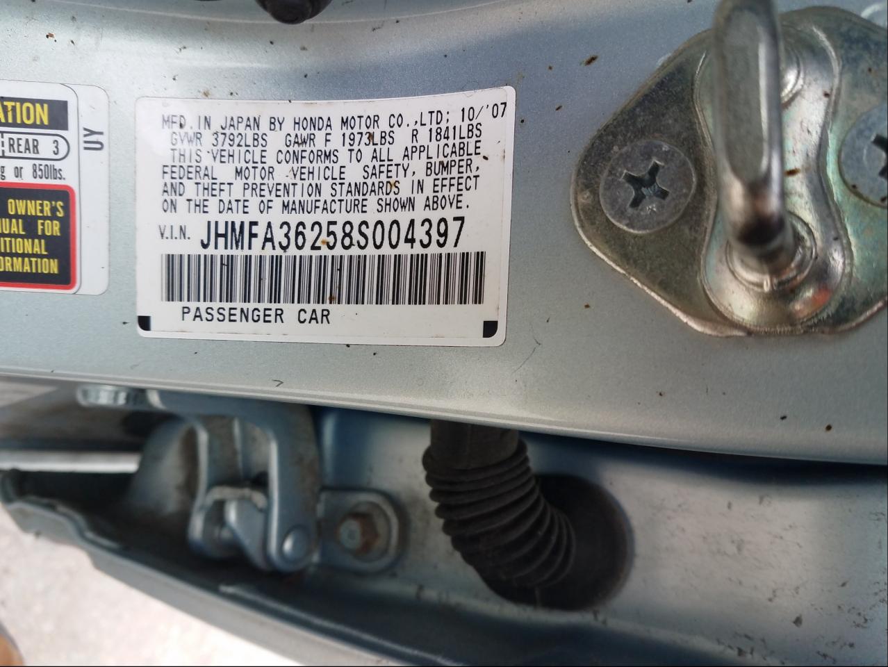 Photo 10 from auction – 2008 HONDA CIVIC HYBR with VIN JHMFA36258S004397