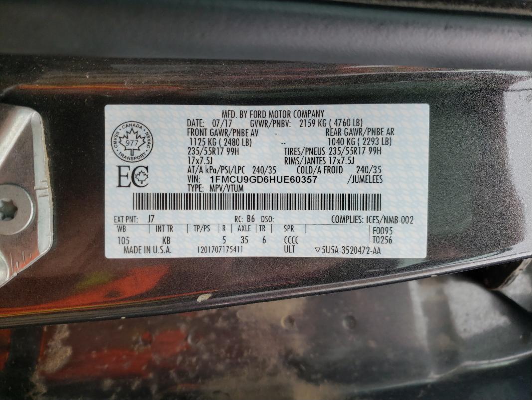 Photo 10 from auction – 2017 FORD ESCAPE SE with VIN 1FMCU9GD6HUE60357