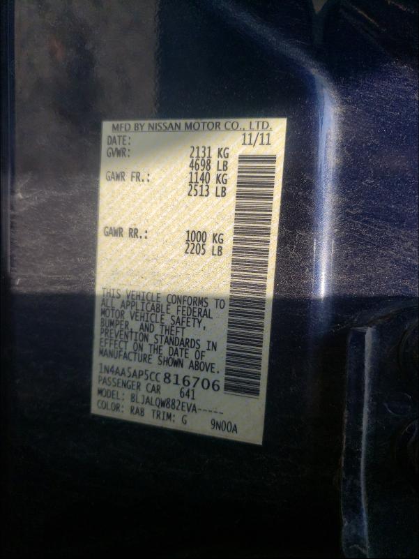 Photo 10 from auction – 2012 NISSAN MAXIMA S with VIN 1N4AA5AP5CC816706