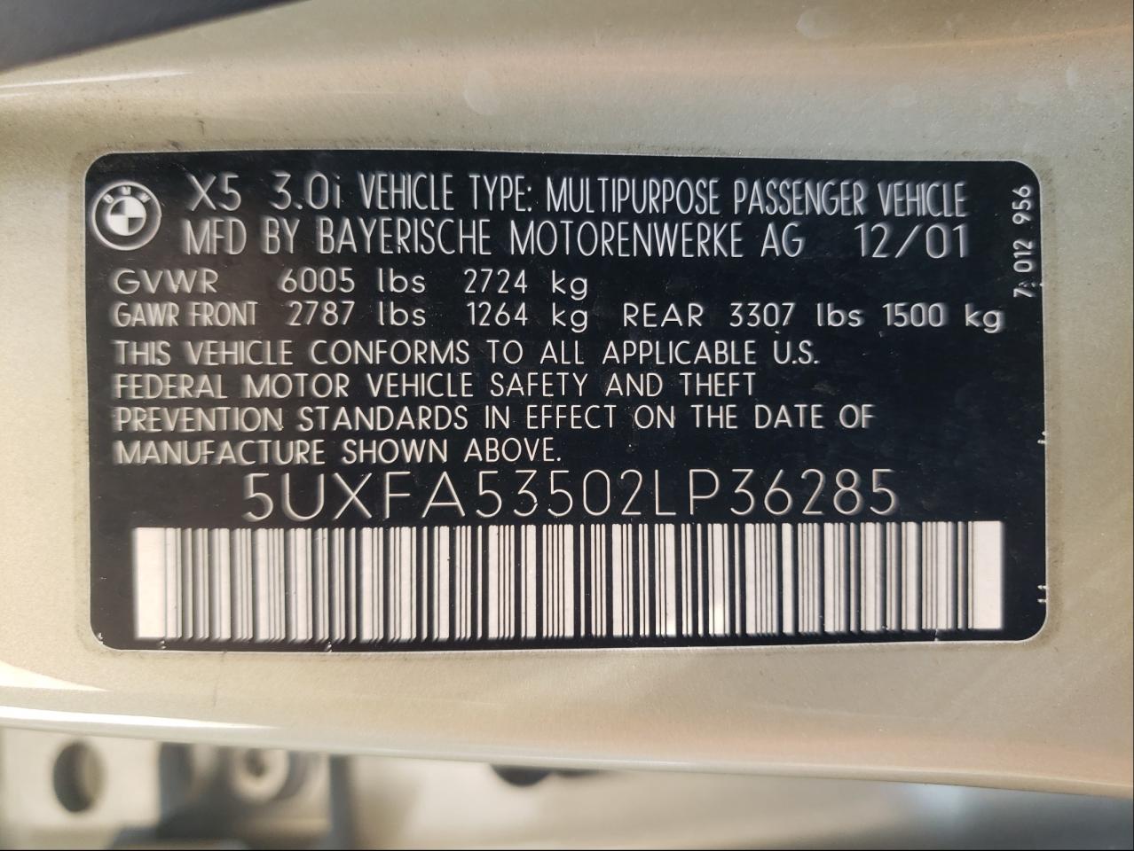 Photo 10 from auction – 2002 BMW X5 3.0I with VIN 5UXFA53502LP36285