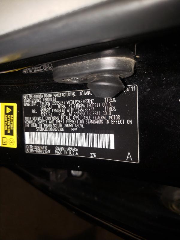 Photo 10 from auction – 2011 TOYOTA HIGHLANDER with VIN 5TDBK3EHXBS076392