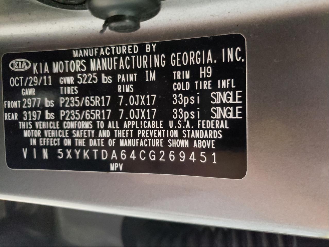 Photo 10 from auction – 2012 KIA SORENTO BA with VIN 5XYKTDA64CG269451