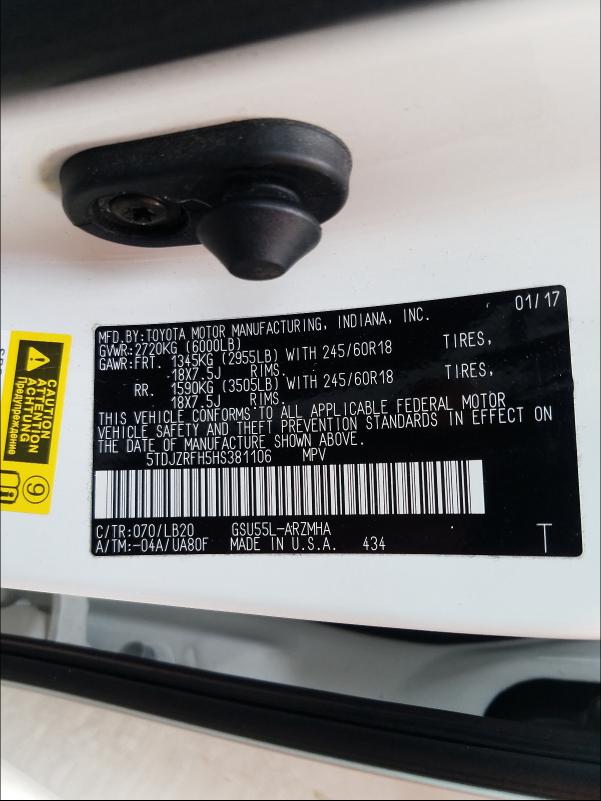 Photo 10 from auction – 2017 TOYOTA HIGHLANDER with VIN 5TDJZRFH5HS381106