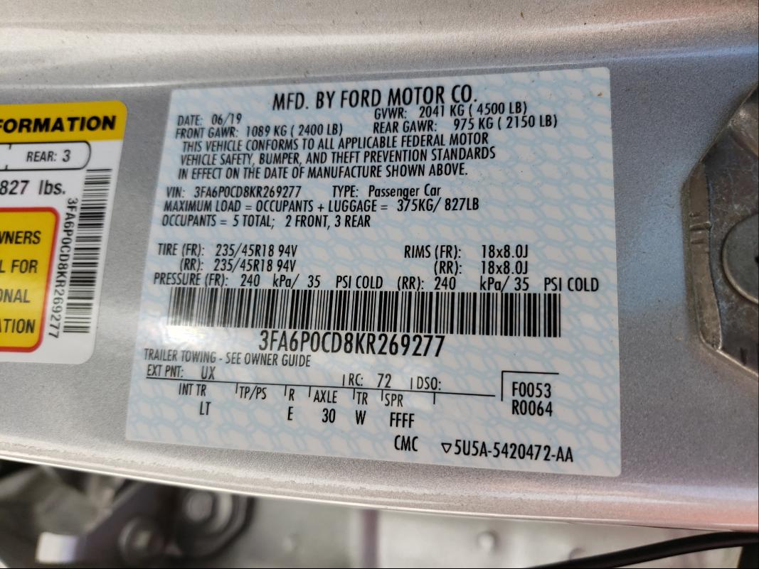 Photo 10 from auction – 2019 FORD FUSION SEL with VIN 3FA6P0CD8KR269277