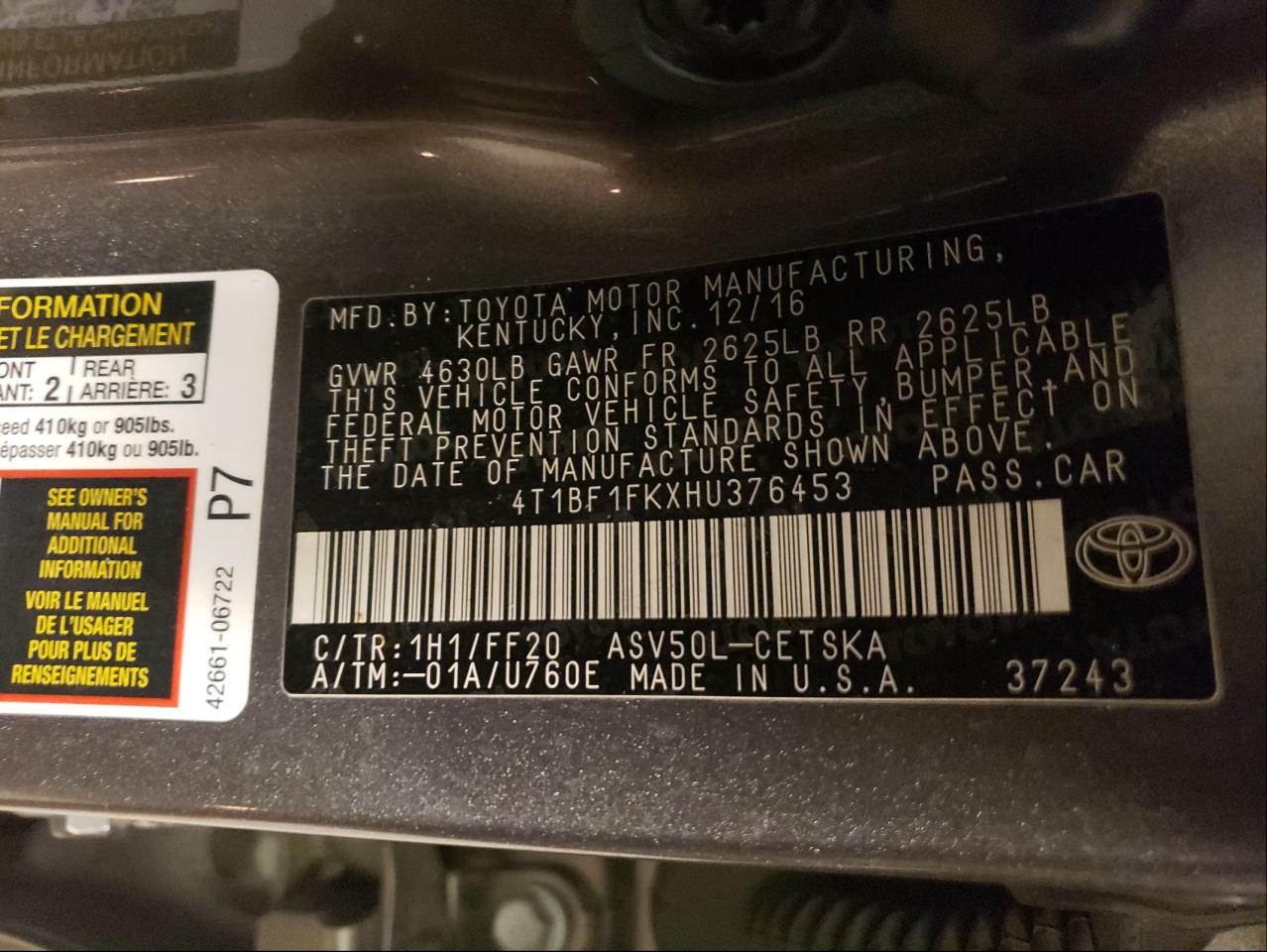 Photo 10 from auction – 2017 TOYOTA CAMRY LE with VIN 4T1BF1FKXHU376453