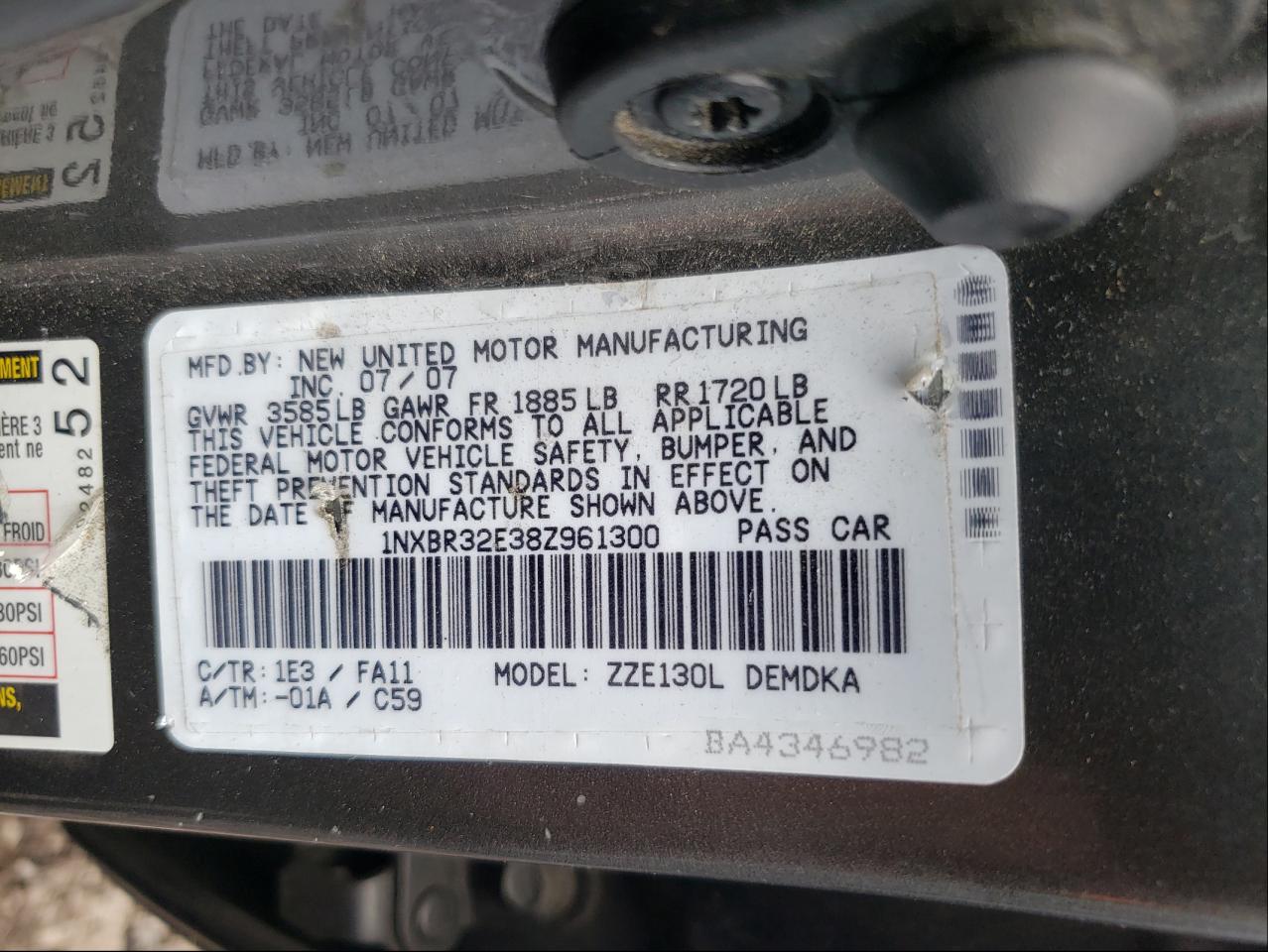 Photo 10 from auction – 2008 TOYOTA COROLLA CE with VIN 1NXBR32E38Z961300