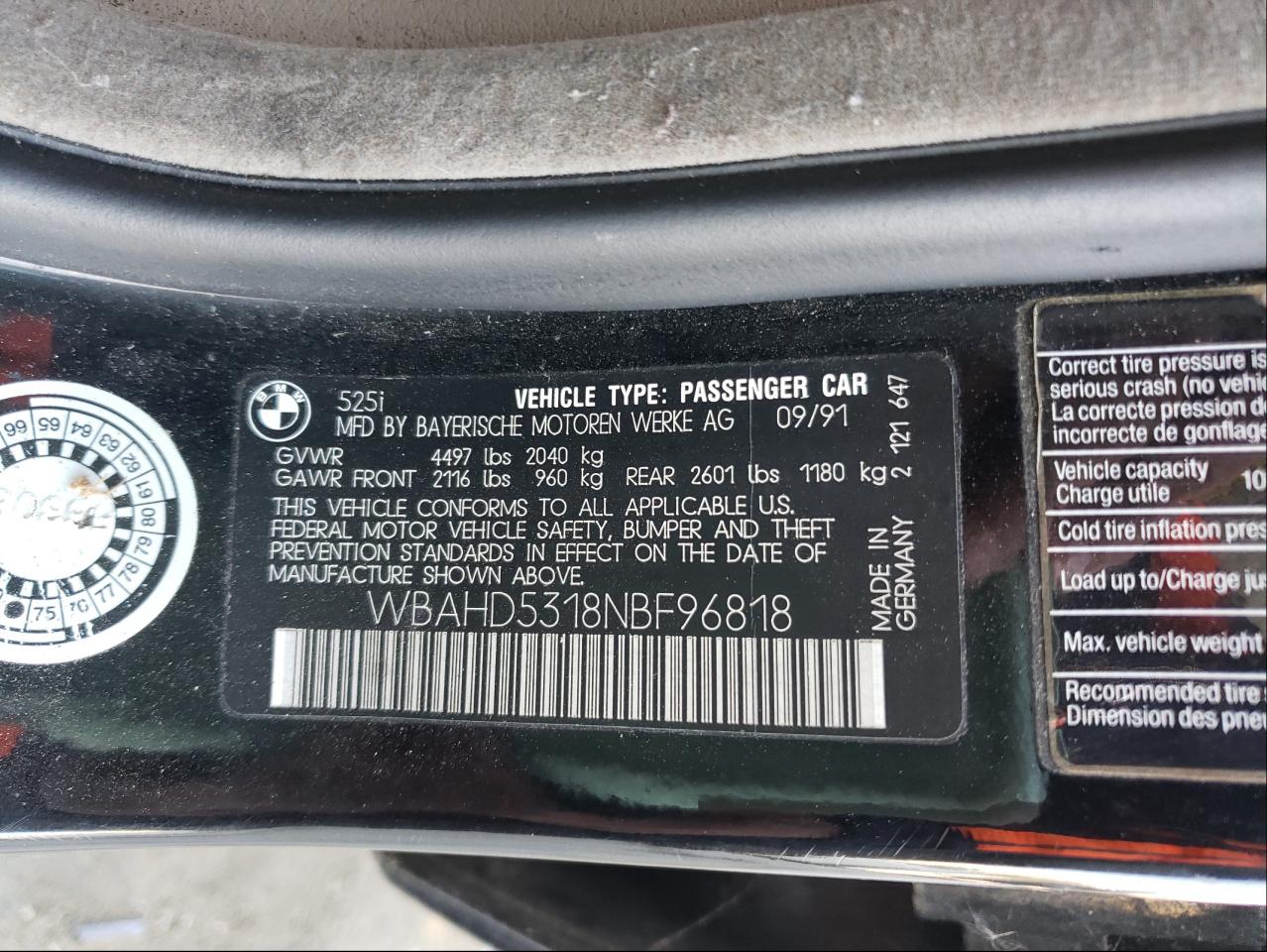 Photo 10 from auction – 1992 BMW 525 I with VIN WBAHD5318NBF96818