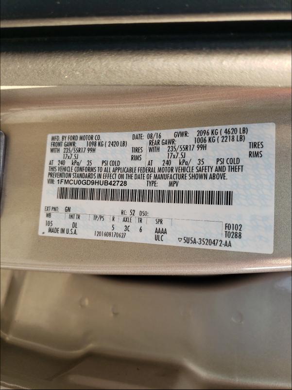 Photo 10 from auction – 2017 FORD ESCAPE SE with VIN 1FMCU0GD9HUB42728