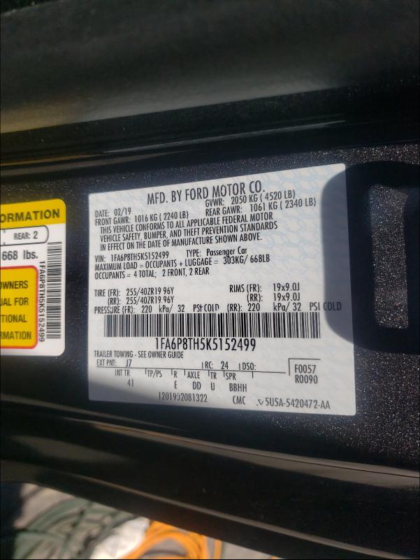Photo 10 from auction – 2019 FORD MUSTANG with VIN 1FA6P8TH5K5152499
