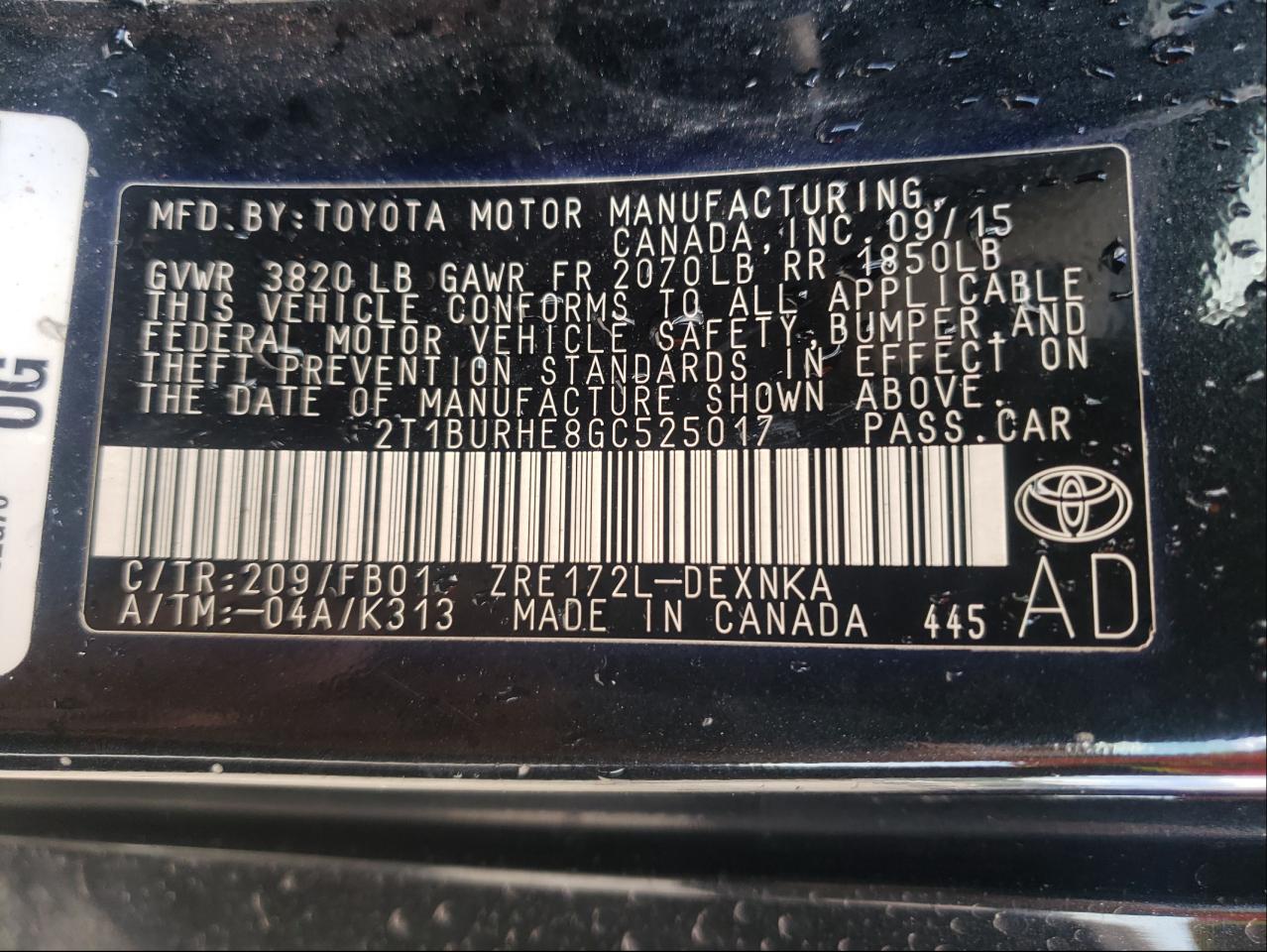 Photo 10 from auction – 2016 TOYOTA COROLLA with VIN 2T1BURHE8GC525017