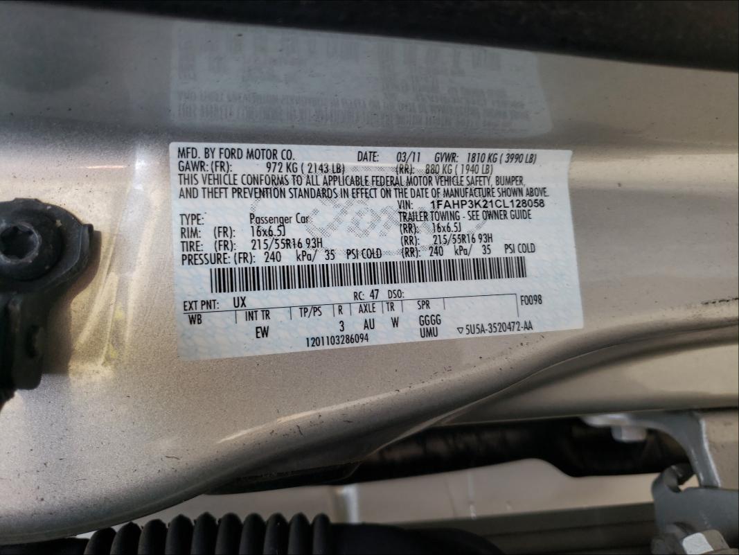 Photo 10 from auction – 2012 FORD FOCUS SE with VIN 1FAHP3K21CL128058