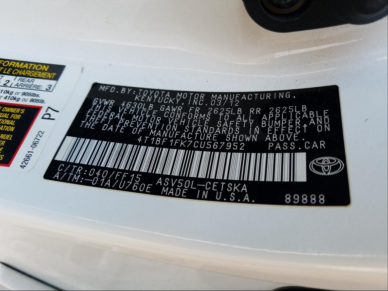 Photo 10 from auction – 2012 TOYOTA CAMRY BASE with VIN 4T1BF1FK7CU567952