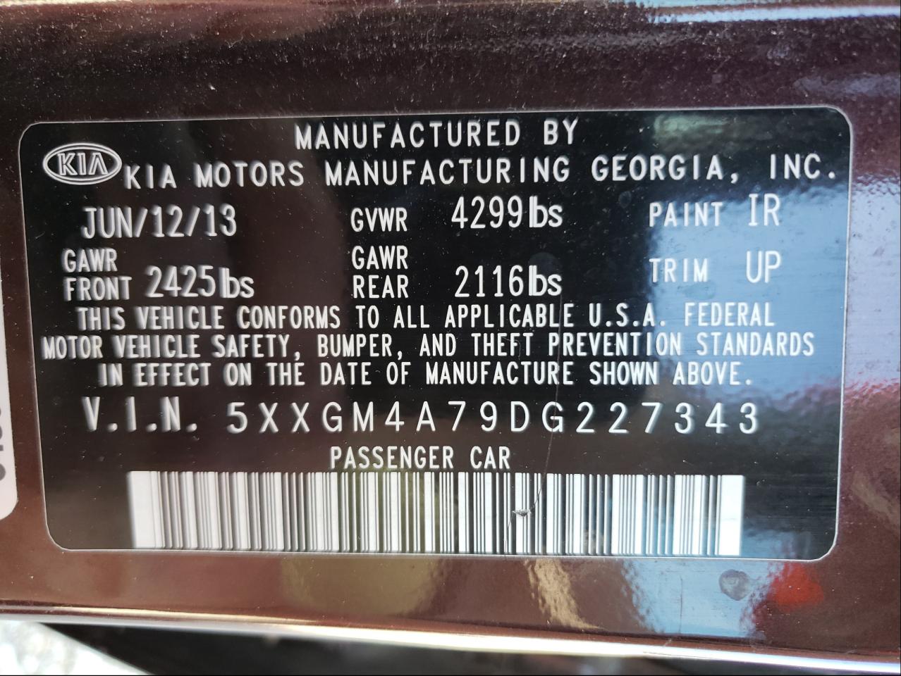 Photo 10 from auction – 2013 KIA OPTIMA LX with VIN 5XXGM4A79DG227343