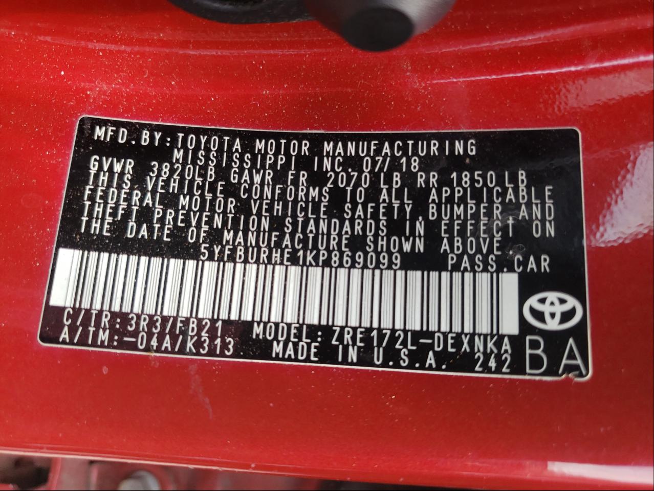 Photo 10 from auction – 2019 TOYOTA COROLLA L with VIN 5YFBURHE1KP869099