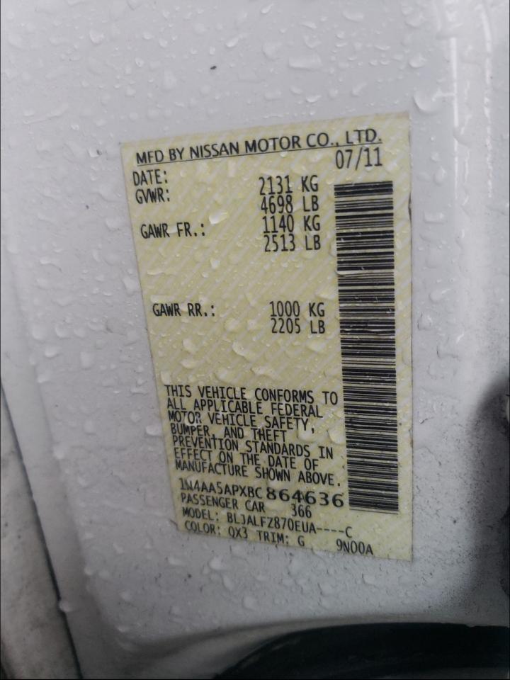 Photo 10 from auction – 2011 NISSAN MAXIMA S with VIN 1N4AA5APXBC864636