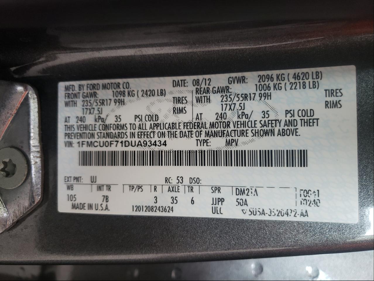Photo 10 from auction – 2013 FORD ESCAPE S with VIN 1FMCU0F71DUA93434