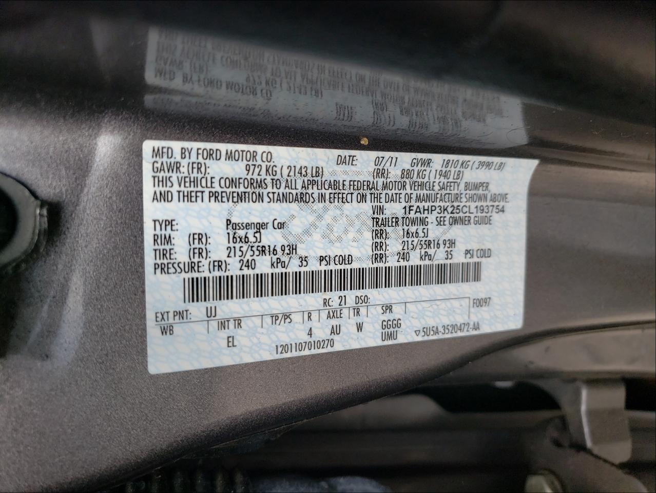 Фото 10 с аукциона – 2012 FORD FOCUS SE с VIN 1FAHP3K25CL193754