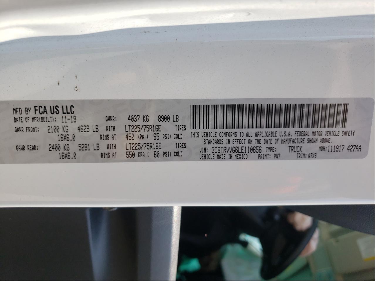 Photo 10 from auction – 2020 RAM PROMASTER with VIN 3C6TRVVG6LE110656