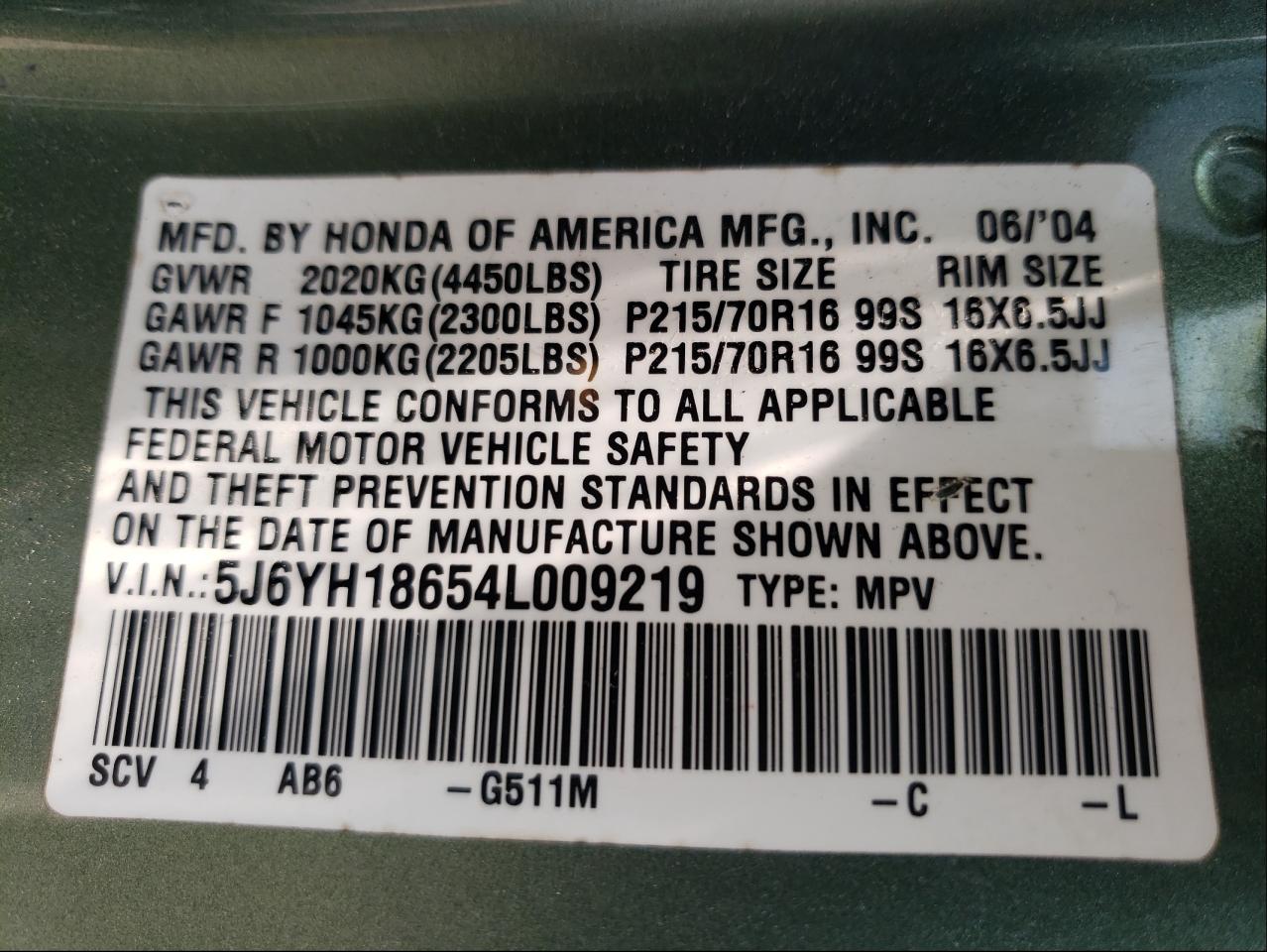 Photo 10 from auction – 2004 HONDA ELEMENT EX with VIN 5J6YH18654L009219