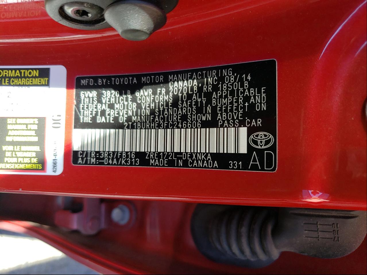 Photo 10 from auction – 2015 TOYOTA COROLLA L with VIN 2T1BURHE3FC246606