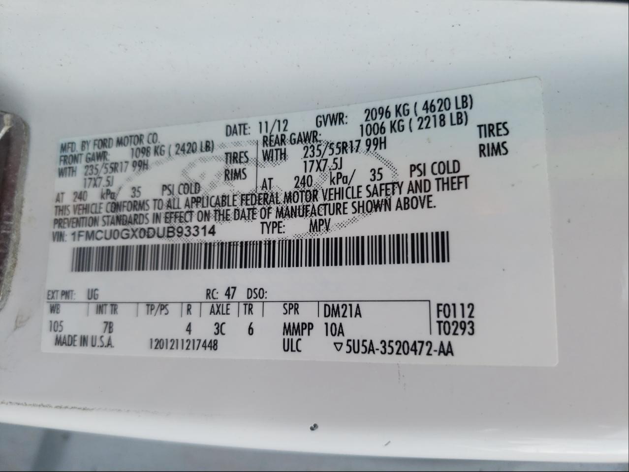 Photo 10 from auction – 2013 FORD ESCAPE SE with VIN 1FMCU0GX0DUB93314