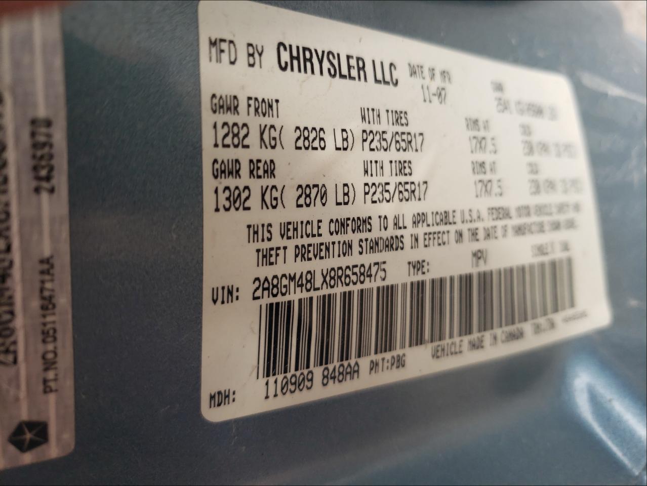 Photo 10 from auction – 2008 CHRYSLER PACIFICA L with VIN 2A8GM48LX8R658475
