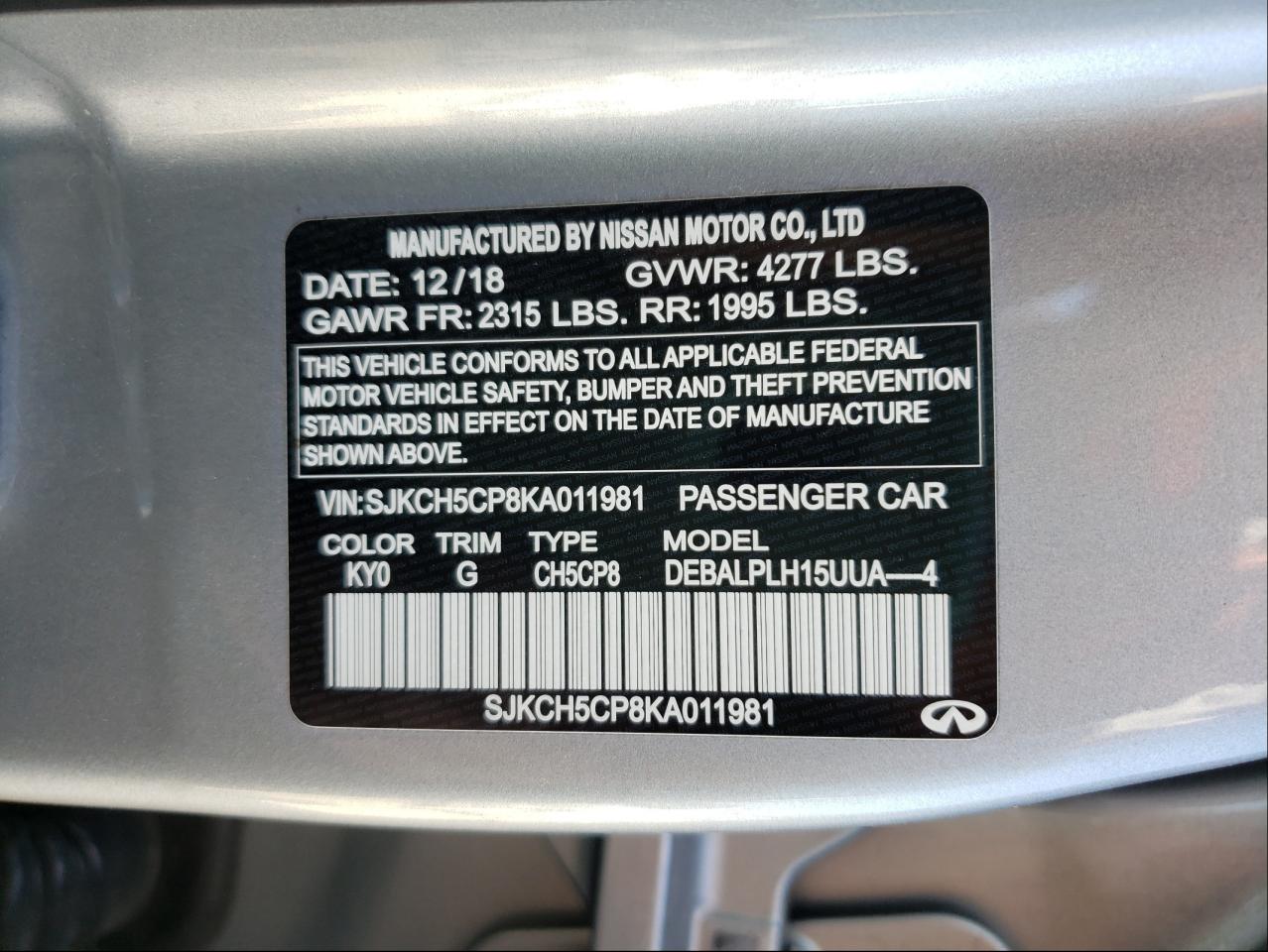 Photo 10 from auction – 2019 INFINITI QX30 BASE with VIN SJKCH5CP8KA011981