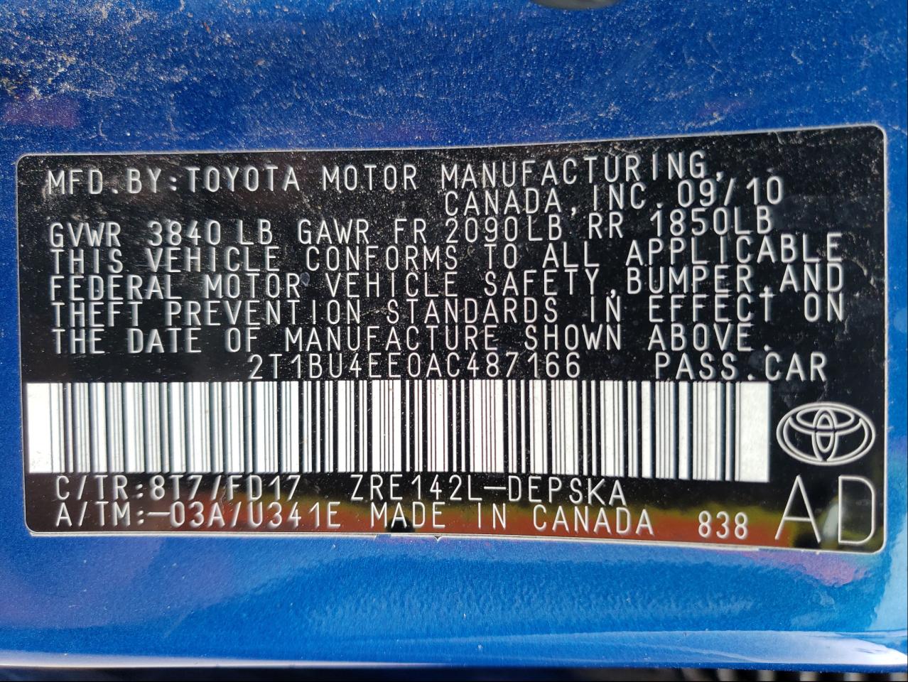 Фото 10 с аукциона – 2010 TOYOTA COROLLA BA с VIN 2T1BU4EE0AC487166