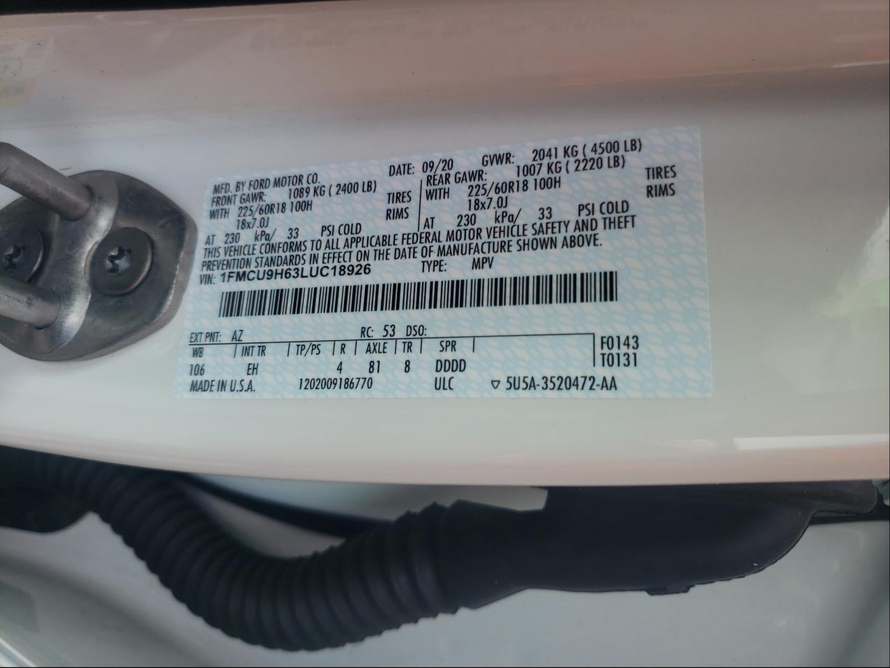 Photo 10 from auction – 2020 FORD ESCAPE SEL with VIN 1FMCU9H63LUC18926