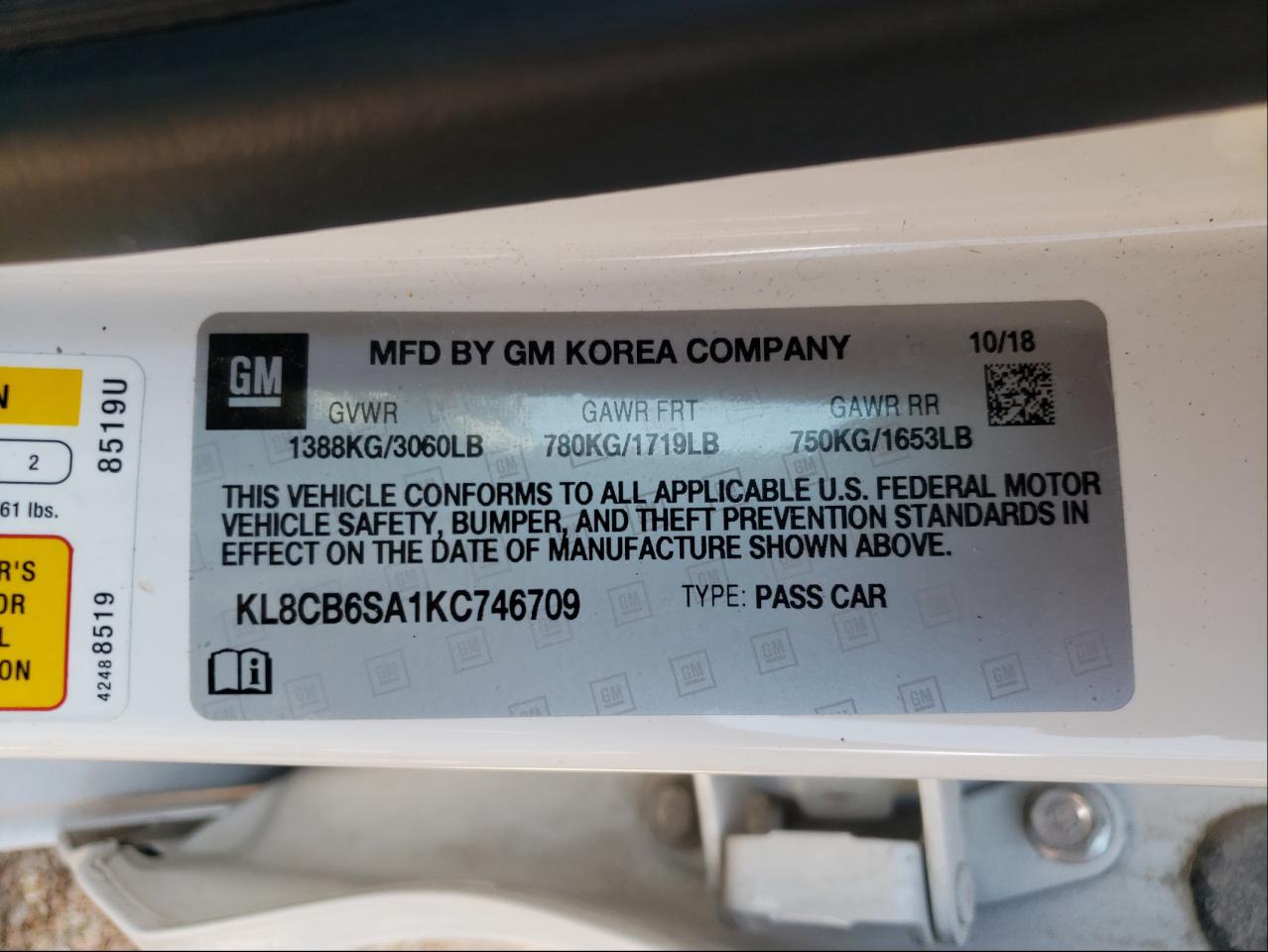 Photo 10 from auction – 2019 CHEVROLET SPARK LS with VIN KL8CB6SA1KC746709