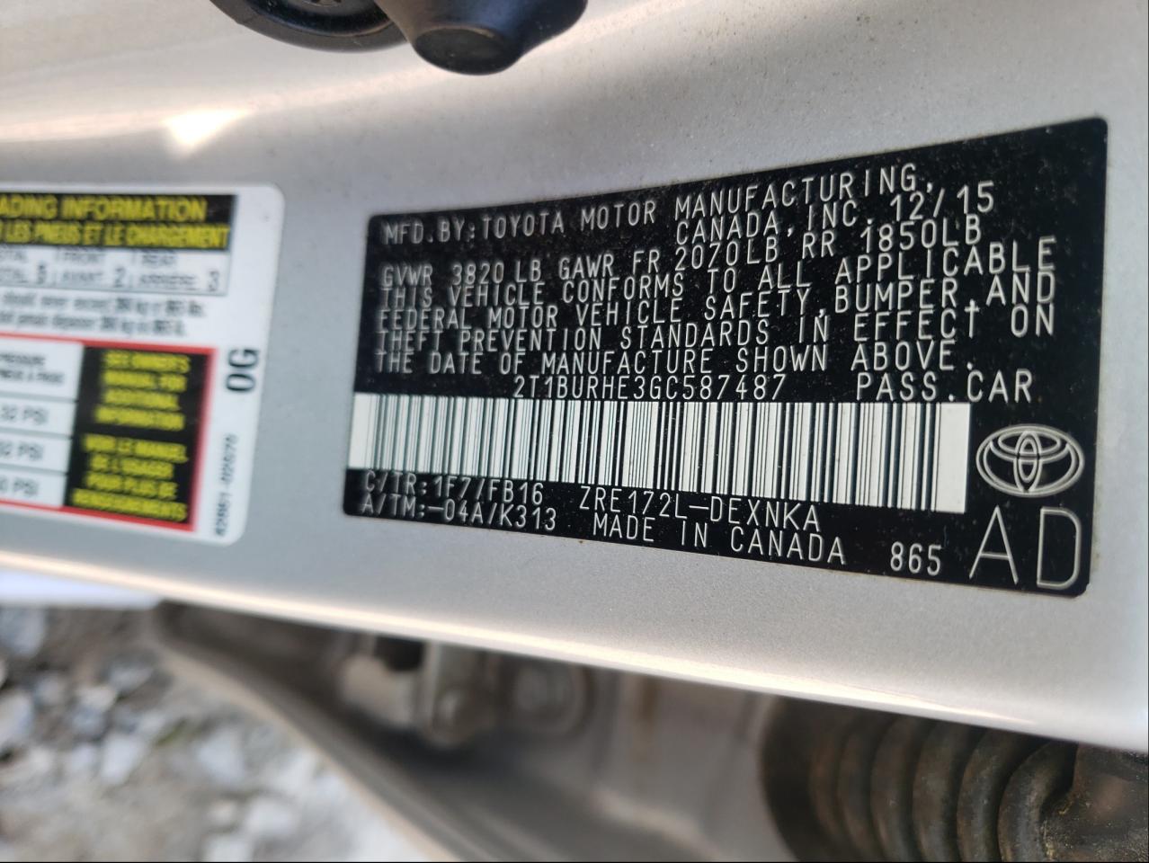 Photo 10 from auction – 2016 TOYOTA COROLLA L with VIN 2T1BURHE3GC587487