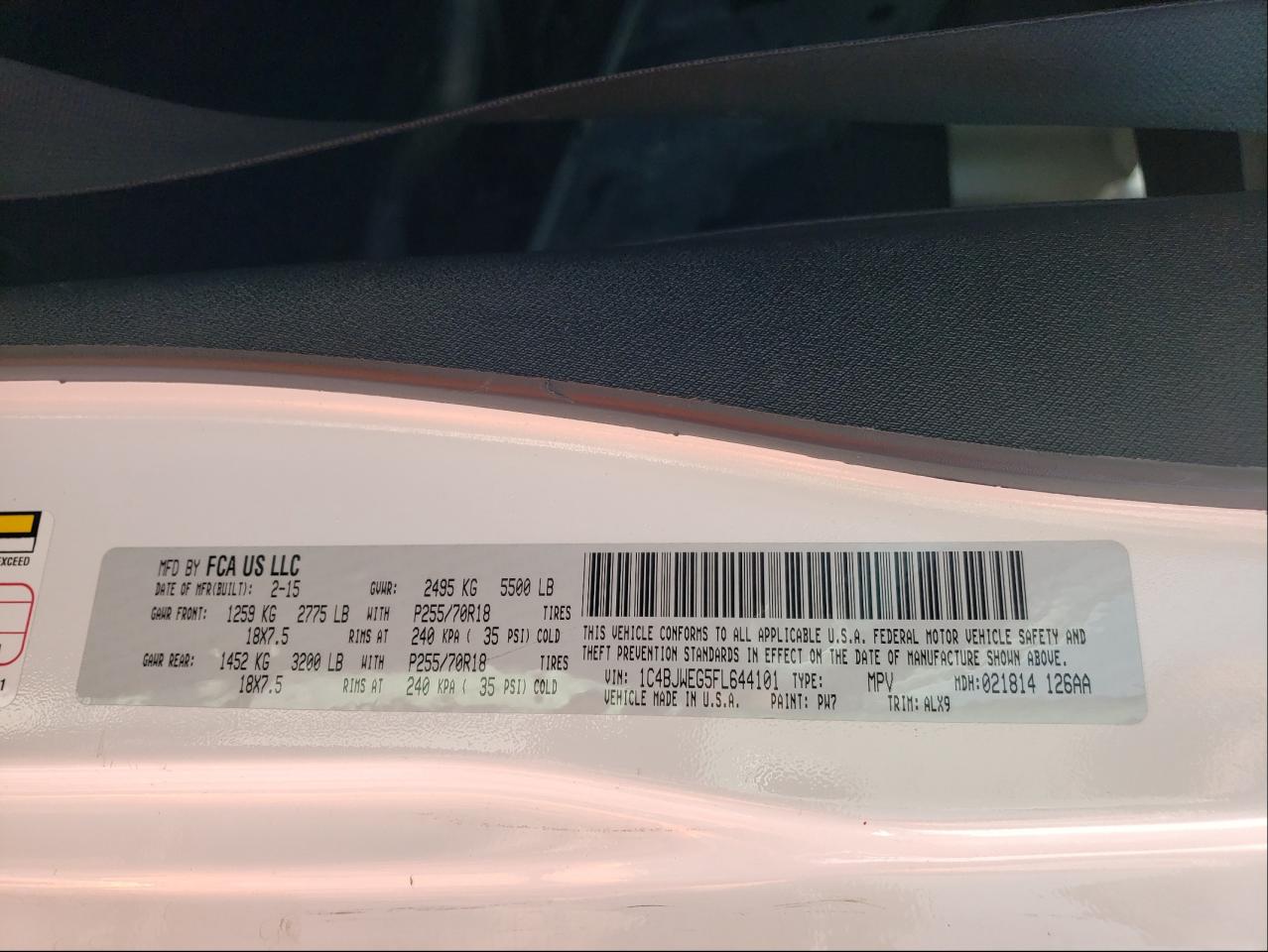 Photo 10 from auction – 2015 JEEP WRANGLER U with VIN 1C4BJWEG5FL644101