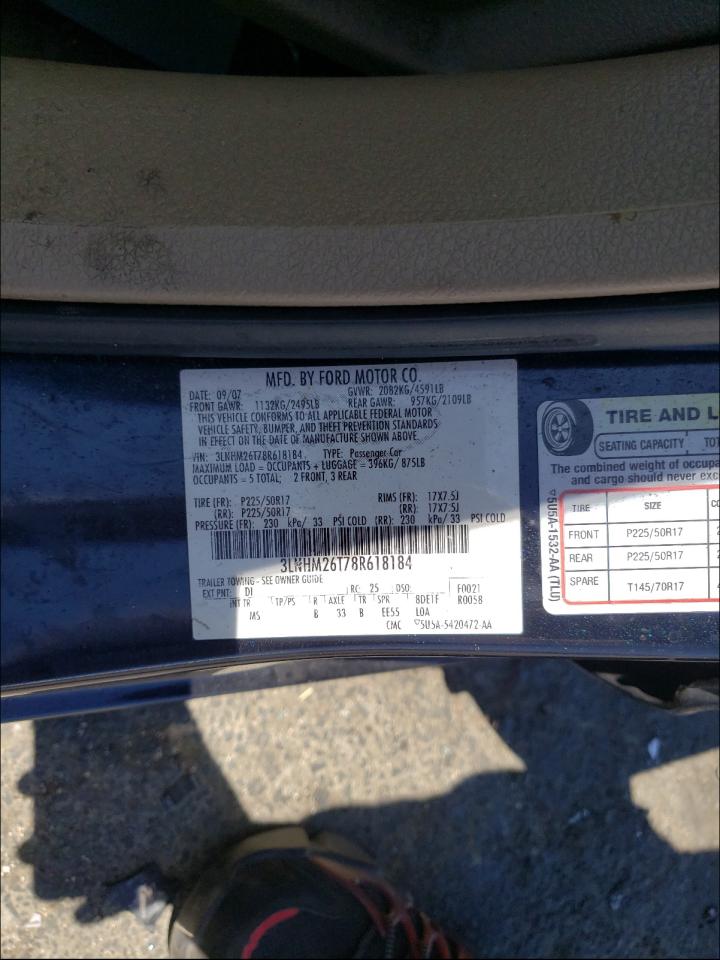 Photo 10 from auction – 2008 LINCOLN MKZ with VIN 3LNHM26T78R618184