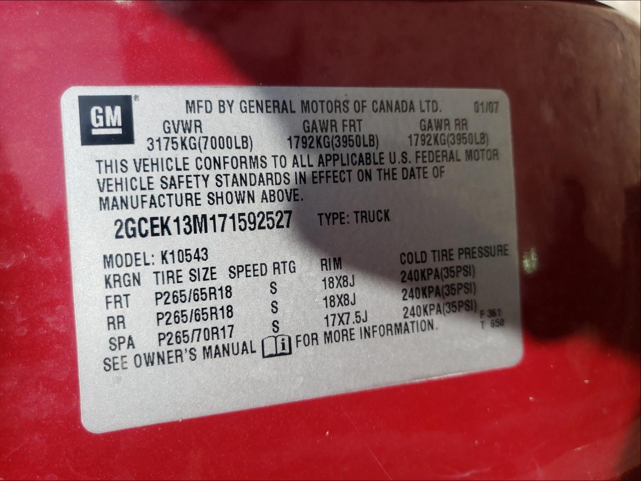 Photo 10 from auction – 2007 CHEVROLET SILVERADO with VIN 2GCEK13M171592527