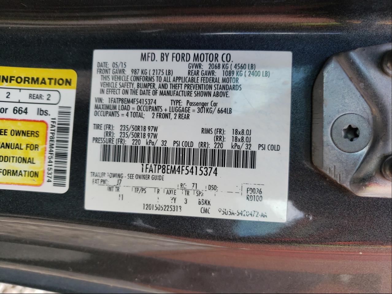 Photo 10 from auction – 2015 FORD MUSTANG with VIN 1FATP8EM4F5415374