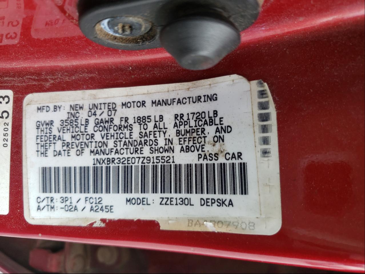 Photo 10 from auction – 2007 TOYOTA COROLLA CE with VIN 1NXBR32E07Z915521