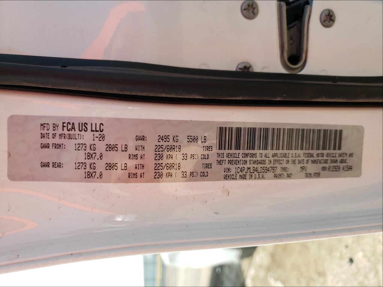 Photo 10 from auction – 2020 JEEP CHEROKEE L with VIN 1C4PJMLB4LD594797