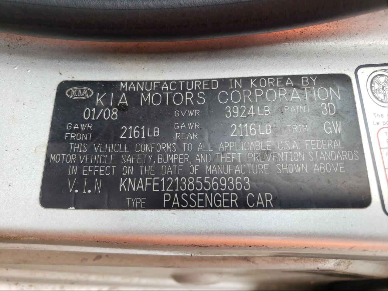 Photo 10 from auction – 2008 KIA SPECTRA EX with VIN KNAFE121385569363