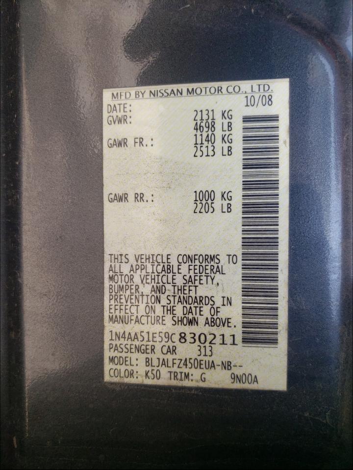 Photo 10 from auction – 2009 NISSAN MAXIMA S with VIN 1N4AA51E59C830211