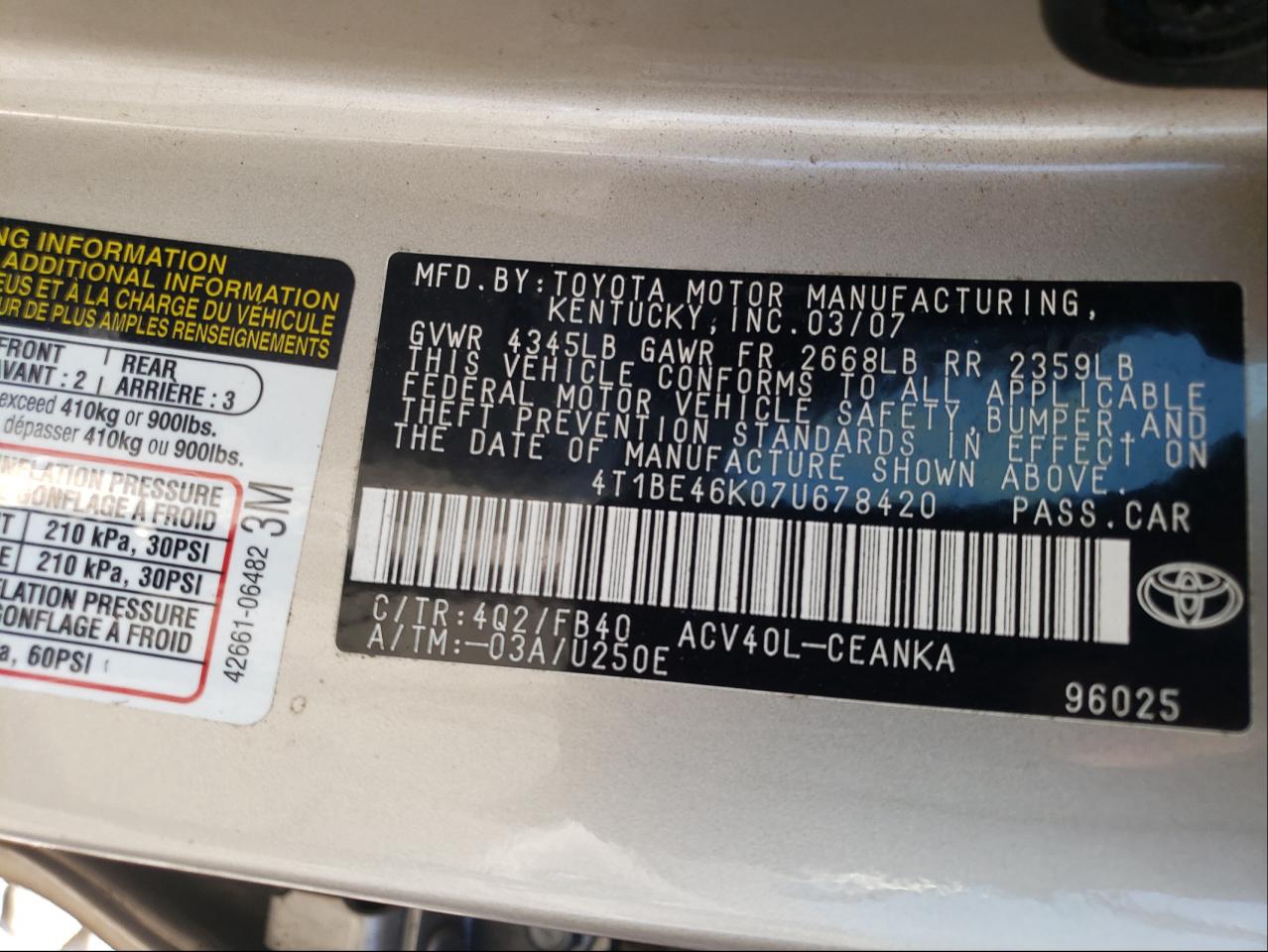 Photo 10 from auction – 2007 TOYOTA CAMRY CE with VIN 4T1BE46K07U678420