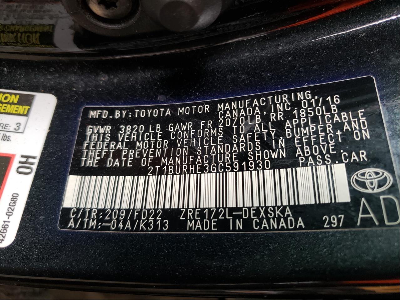 Photo 10 from auction – 2016 TOYOTA COROLLA L with VIN 2T1BURHE3GC591930