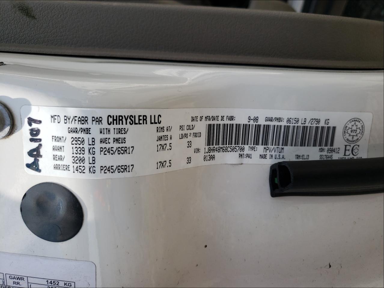 Photo 10 from auction – 2008 JEEP GRAND CHER with VIN 1J8HR48M68C505700